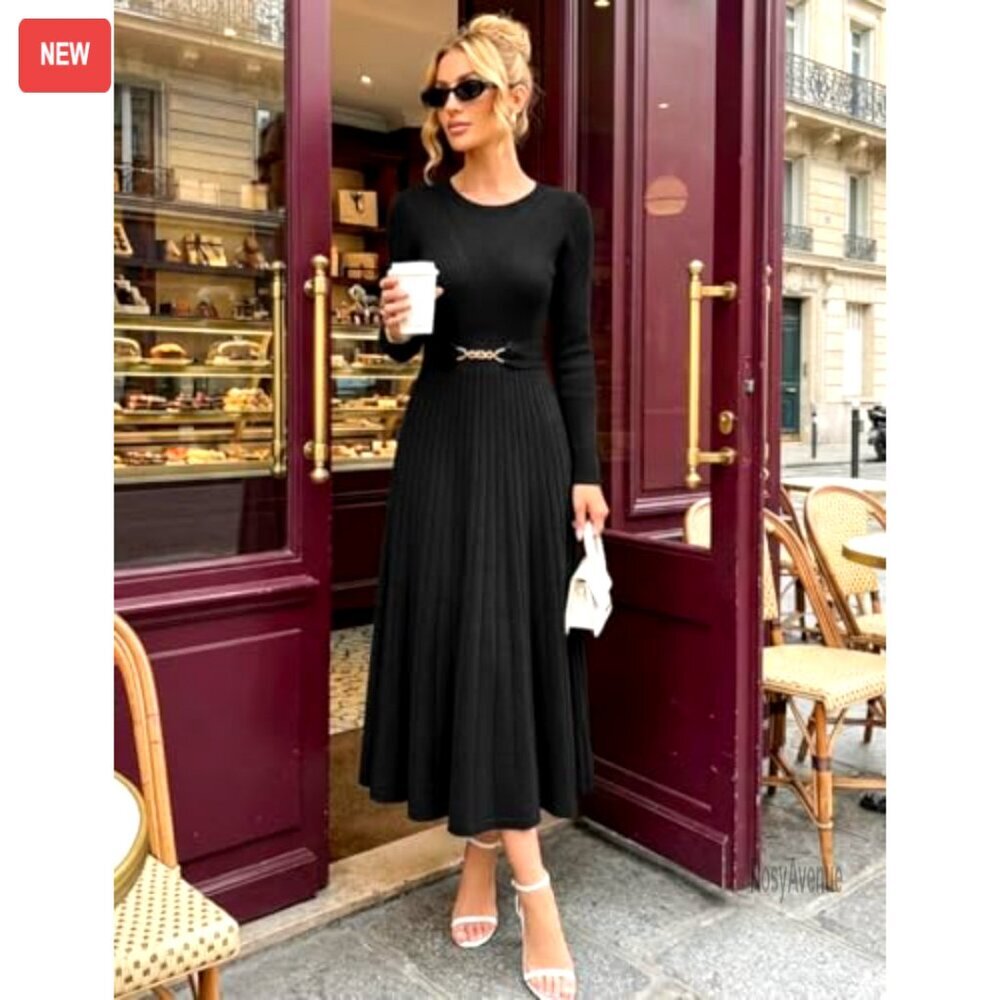 Long Sleeve Midi Sweater Dress with Belt, Knit A-Line Pleated Flowy - Picture 7 of 8
